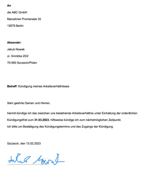 Wzór | Wypowiedzenie umowy o pracę w Niemczech Kündigung - Beispiel